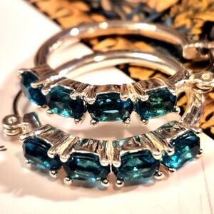 Silver and Aqua Blue Rhinstone Hoop  Earrings